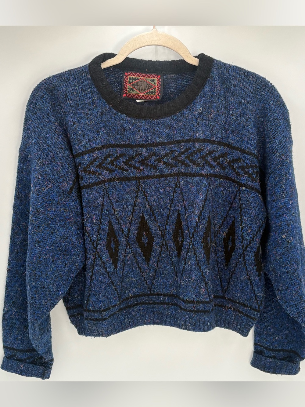 Vintage Cherokee Cropped Sweater Small Blue Black Southwestern Geometric USA